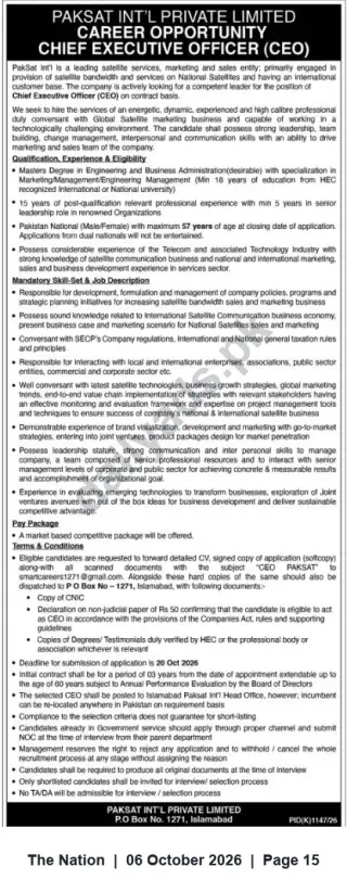 Newspaper clipping: PakSat Int'l Private Limited — Chief Executive Officer (CEO) Vacancy in Islamabad (Contract), The Nation, 06 Oct 2026
