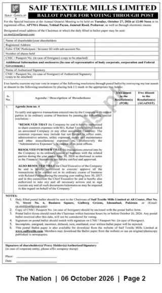Newspaper clipping: Saif Textile Mills Limited — Postal Ballot for Special Business and Related‑Party Transaction Approval, The Nation, 06 Oct 2026