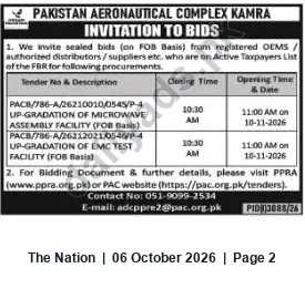 Newspaper clipping: PAC Kamra Invitation to Bids — Upgradation of Microwave & EMC Test Facilities (FOB), The Nation, 06 Oct 2026