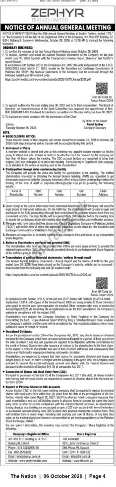 Newspaper clipping: Zephyr Textiles Ltd — Notice of 30th Annual General Meeting on 2026-10-28 (Lahore), The Nation, 06 Oct 2026