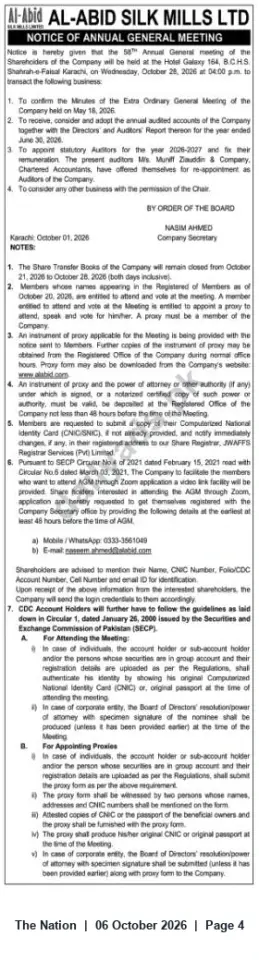 Newspaper clipping: Al‑Abid Silk Mills Ltd — Notice of 58th Annual General Meeting (Karachi), The Nation, 06 Oct 2026
