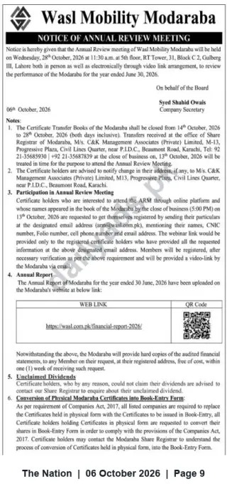Newspaper clipping: Wasl Mobility Modaraba — Notice of Annual Review Meeting on 28 October 2026 (Lahore), The Nation, 06 Oct 2026