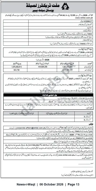 Newspaper clipping: Millat Tractors Limited — Postal Ballot Notice to Shareholders, Nawa-i-Waqt, 06 Oct 2026