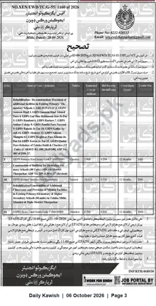 Newspaper clipping: Tender: Rehabilitation & Construction of Primary/Elementary School Facilities — Executive Engineer EWD Tharparkar, Daily Kawish, 06 Oct 2026