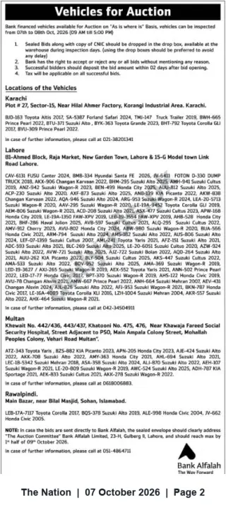 Newspaper clipping: Bank Alfalah Auction of Bank‑Financed Vehicles — Inspection 07–08 Oct 2026, The Nation, 07 Oct 2026