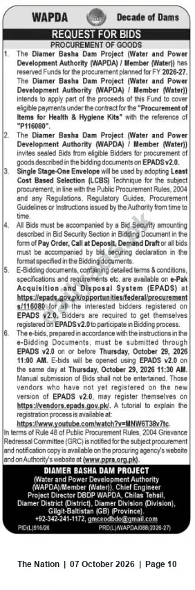 Newspaper clipping: WAPDA Diamer Basha Dam Project Tender: Procurement of Health & Hygiene Kits (Ref: PP110608), The Nation, 07 Oct 2026