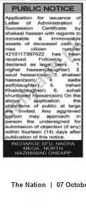 Newspaper clipping: Application for Letter of Administration / Succession Certificate by Shakeel Hassan, The Nation, 07 Oct 2026