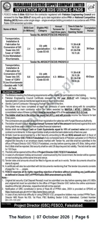 Newspaper clipping: FESCO Invitation for E‑Bids — Conversion of 132kV Single‑Circuit to Double‑Circuit Towers (Tenders No. 48 & 49), The Nation, 07 Oct 2026