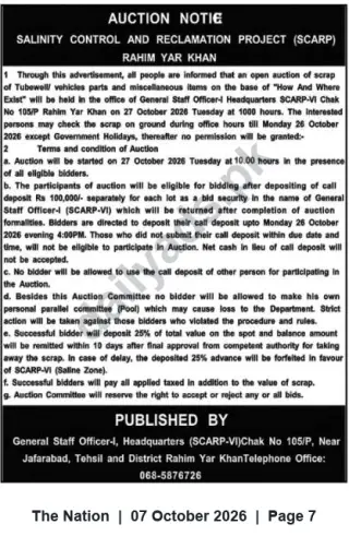 Newspaper clipping: Open Auction of Tubewell, Vehicle Parts and Miscellaneous Scrap — SCARP-VI Rahim Yar Khan (27 Oct 2026), The Nation, 07 Oct 2026