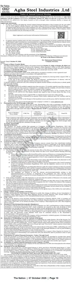 Newspaper clipping: Agha Steel Industries Ltd — Notice of 13th Annual General Meeting (Karachi), The Nation, 07 Oct 2026