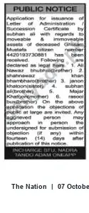 Newspaper clipping: Public Notice: Application for Succession Certificate for Deceased Ghulam (CNIC 4420193730881), The Nation, 07 Oct 2026