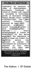 Newspaper clipping: Public Notice: Application for Letter of Administration (Succession Certificate) for Ghulam Resool Shaikh, The Nation, 07 Oct 2026