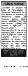 Newspaper clipping: Public Notice: Succession Certificate Application for deceased Zainab (CNIC 4130359127942), The Nation, 07 Oct 2026