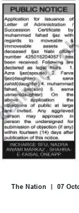 Newspaper clipping: Public Notice: Application for Letter of Administration / Succession Certificate — Estate of Faz Nabi, The Nation, 07 Oct 2026