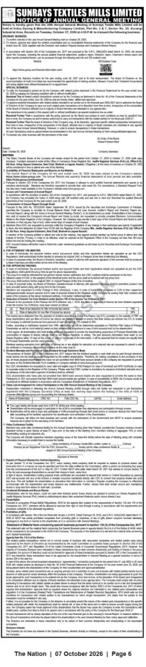 Newspaper clipping: Sunrays Textiles Mills Limited — 35th Annual General Meeting on 2026-10-27 (Karachi), The Nation, 07 Oct 2026