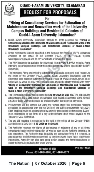 Newspaper clipping: Quaid-i-Azam University Islamabad RFP: Consultancy for Estimation, Maintenance & Renovation of Campus Buildings and Residential Colonies, The Nation, 07 Oct 2026