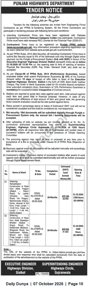 Newspaper clipping: Punjab Highways Department Tenders — Road Widening & Rehabilitation Works in Sialkot (Closing 2026-10-21), Dunya, 07 Oct 2026