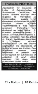 Newspaper clipping: Public Notice: Application for Letter of Administration / Succession Certificate by Adnan Ahmed Siddiqui, The Nation, 07 Oct 2026