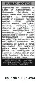 Newspaper clipping: Public Notice: Application for Letter of Administration / Succession Certificate for Haj Gul Quabat (CN 4230101164485), The Nation, 07 Oct 2026