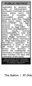 Newspaper clipping: Public Notice: Application for Letter of Administration / Succession Certificate for Estate of Syed Nisar Hussain Shah Karmi, The Nation, 07 Oct 2026