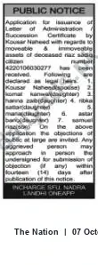 Newspaper clipping: Public Notice: Application for Letter of Administration / Succession Certificate (CNIC 4220106030277), The Nation, 07 Oct 2026