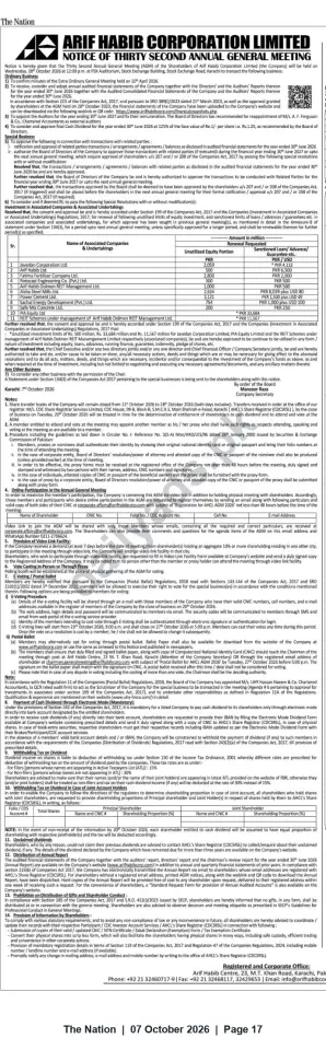 Newspaper clipping: Arif Habib Corporation Limited — Notice of 32nd Annual General Meeting (28 Oct 2026), The Nation, 07 Oct 2026