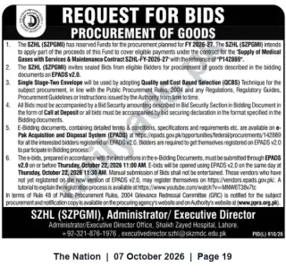 Newspaper clipping: Request for Bids — Supply of Medical Gases with Services & Maintenance (SZHL-FY-2026-27) | Shaikh Zayed Hospital Lahore (Ref: P142869), The Nation, 07 Oct 2026