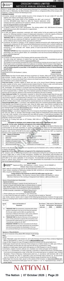 Newspaper clipping: Crescent Fibres Limited — Notice of 49th Annual General Meeting (Lahore), The Nation, 07 Oct 2026