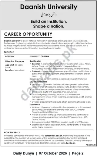 Newspaper clipping: Daanish University — Director Finance Vacancy in Islamabad, Dunya, 07 Oct 2026