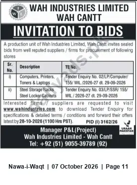 Newspaper clipping: Tender: Computers, Printers, Toners, Laptops & Steel Storage Racks — Wah Industries Limited, Wah Cantt, Nawa-i-Waqt, 07 Oct 2026