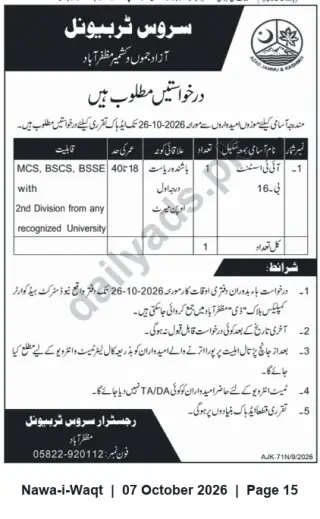 Newspaper clipping: Service Tribunal AJK – Office Assistant (BPS-16) Vacancy, Nawa-i-Waqt, 07 Oct 2026