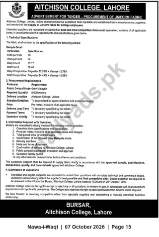Newspaper clipping: Aitchison College Lahore Tender: Supply of Uniform Fabric (Grey Malaysia) – 5,000 metres, Nawa-i-Waqt, 07 Oct 2026