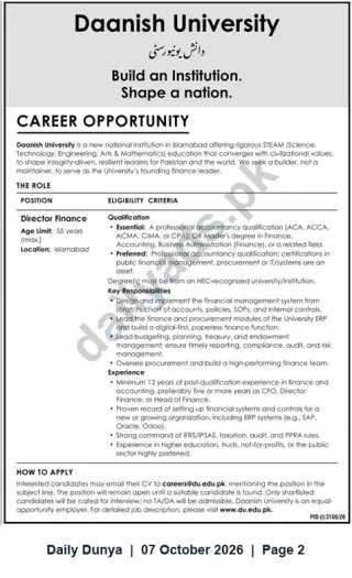 Newspaper clipping: Daanish University — Director Finance Vacancy (Islamabad), Dunya, 07 Oct 2026