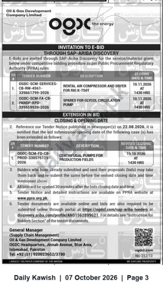 Newspaper clipping: OGDC Invitation to E‑Bid — Rental Air Compressor, Glycol Pump Spares & Centrifugal Pumps (Islamabad), Daily Kawish, 07 Oct 2026