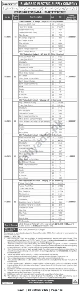 Newspaper clipping: IESCO Disposal Notice — E‑Bids for Redundant Transmission Line Materials (Lots 57–61/2025), Dawn, 08 Oct 2026
