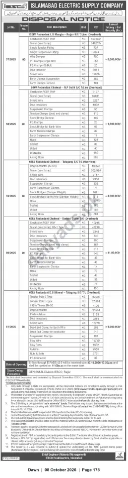 Newspaper clipping: IESCO Disposal Notice — Sale of Redundant Transmission Line Materials (Lots 57–61/2025), Dawn, 08 Oct 2026