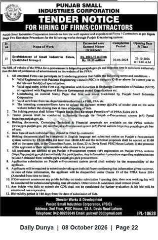 Newspaper clipping: PSIC Tender: Establishment of Small Industries Estate, Quaidabad (Group‑I), Dunya, 08 Oct 2026