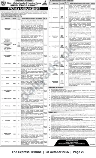 Newspaper clipping: Daanish Schools Authority — Multiple Professional Vacancies (PIU & Secretariat), The Express Tribune, 08 Oct 2026