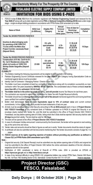 Newspaper clipping: FESCO Invitation for E‑Bids (E‑PADS) — Tender Nos. 34 & 35 for Civil/Electrical Works, Faisalabad, Dunya, 08 Oct 2026