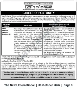 Newspaper clipping: TransPeshawar Career Opportunity — Chief Internal Auditor (1 post) — Apply by 2026-10-23, The News International, 08 Oct 2026