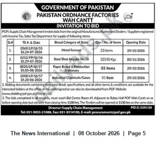 Newspaper clipping: Pakistan Ordnance Factories Wah Cantt — Invitation to Bid for Metal, Steel Shot, Paperboard & Industrial Chemicals (Oct–Nov 2026), The News International, 08 Oct 2026