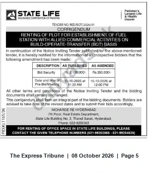 Newspaper clipping: State Life Corrigendum: Tender FED/BOT/2020/01 – Fuel Station BOT Plot (Hyderabad), The Express Tribune, 08 Oct 2026