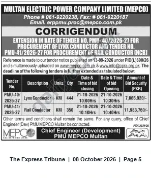 Newspaper clipping: MEPCO Corrigendum: Extension of Deadlines for Tenders PMU-40 & PMU-41 — 21 Oct 2026, The Express Tribune, 08 Oct 2026