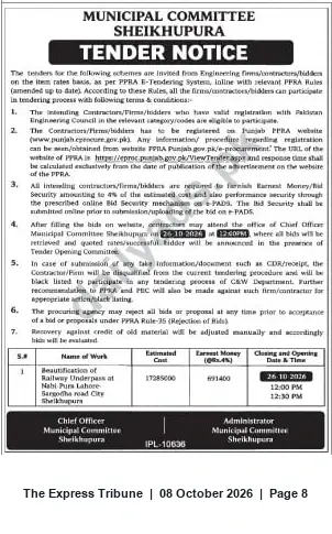 Newspaper clipping: Tender: Beautification of Railway Underpass — Municipal Committee Sheikhupura, The Express Tribune, 08 Oct 2026