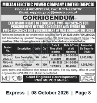 Newspaper clipping: MEPCO Corrigendum: Extension of Tender Deadlines for Lynx & Rail Conductor (PMU-40 & PMU-41), Express, 08 Oct 2026