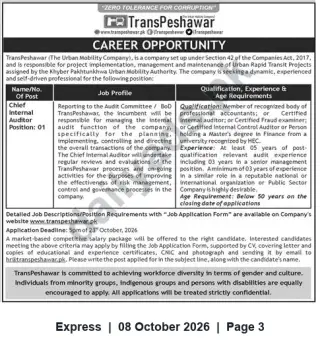 Newspaper clipping: Chief Internal Auditor – TransPeshawar (1 Vacancy), Express, 08 Oct 2026