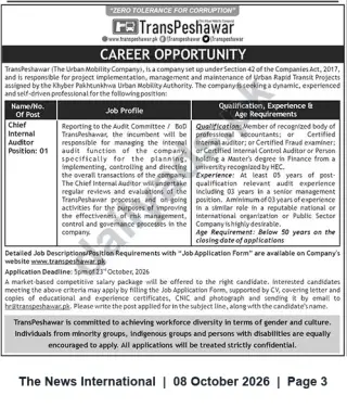 Newspaper clipping: Chief Internal Auditor – TransPeshawar (Peshawar) | Apply by 2026-10-23, The News International, 08 Oct 2026