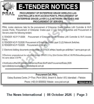 Newspaper clipping: PRAL E-Tenders: Wireless LAN Controllers, L2 Network Switches & Servers (Closing 2026-10-22), The News International, 08 Oct 2026