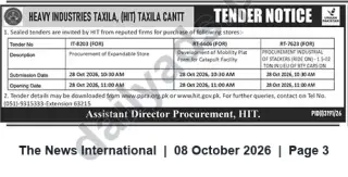 Newspaper clipping: HIT Taxila Tender Notice — IT-8203, RT-6606 & RT-7623 (28 Oct 2026), The News International, 08 Oct 2026