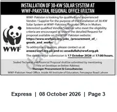 Newspaper clipping: WWF-Pakistan Tender: Installation of 30 kW Solar System at Multan Regional Office, Express, 08 Oct 2026
